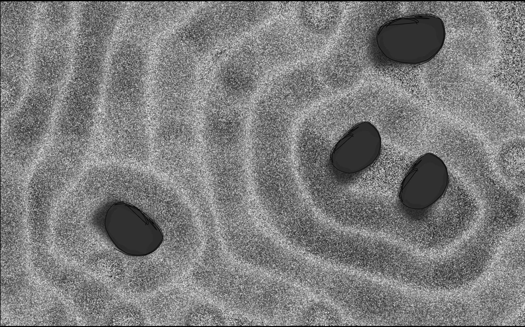 3 rocks on a pixelated field of sand, all in black and white 